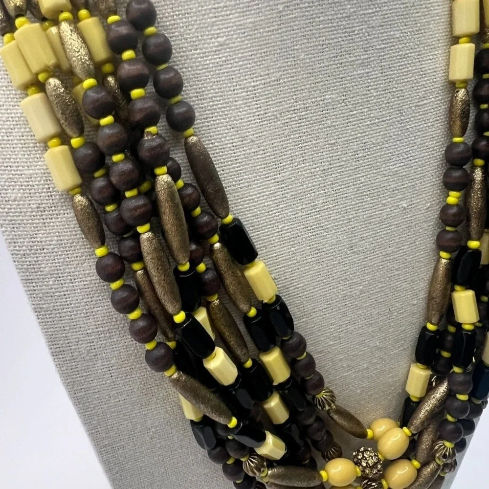 Vintage Boho Multi-Strand Necklace Yellow Black Natural Wood Seed‎ Beads Earthy